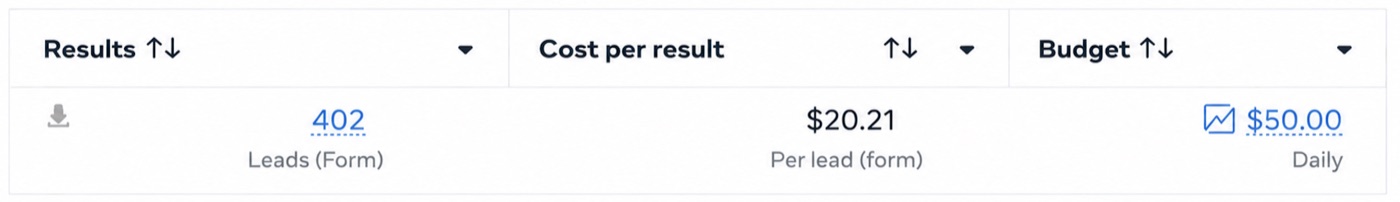 Meta Ads Manager: 402 leads at $20.21 per lead