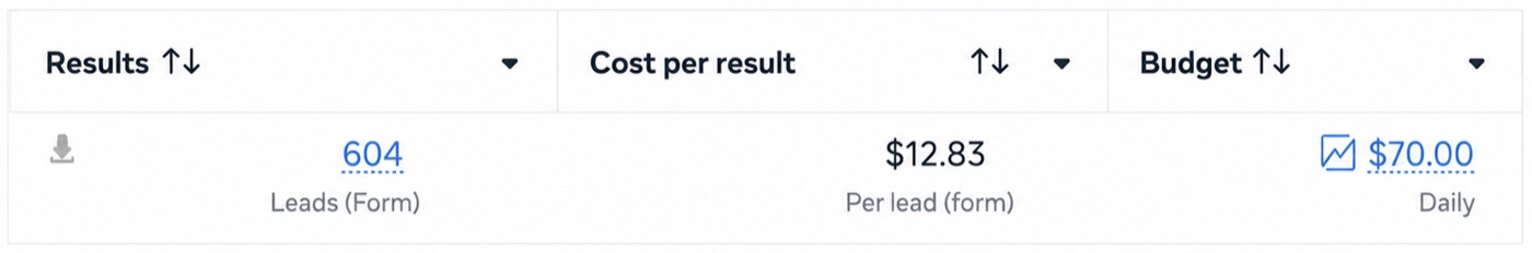 Meta Ads Manager: 604 leads at $12.83 per lead